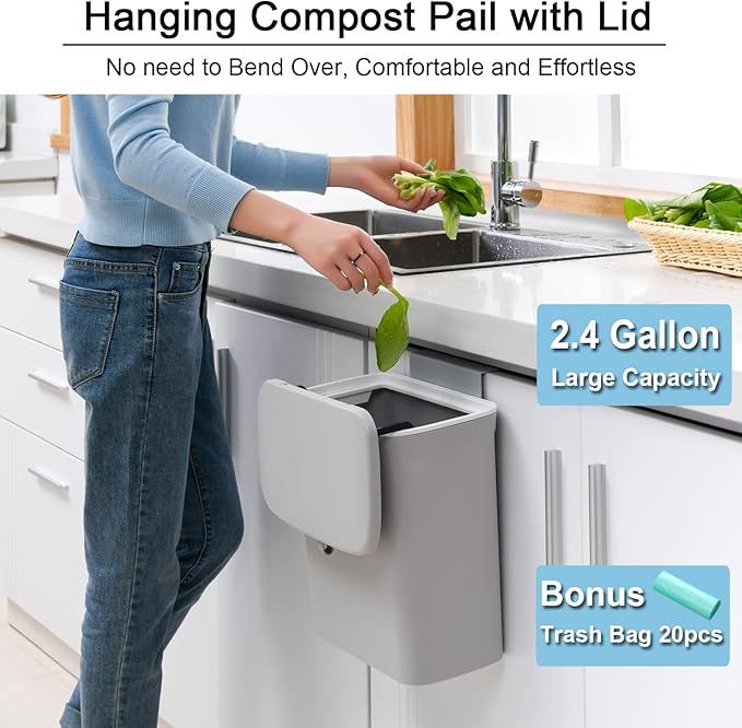 Tiyafuro 2.4 Gallon Kitchen Compost Bin for Counter Top or Under Sink, Hanging Small Trash Can with Lid for Cupboard/Bathroom/Bedroom/Office/Camping, Mountable Indoor Compost Bucket, Gray