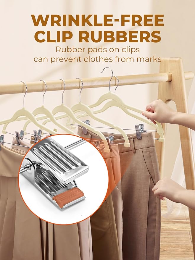 HOUSE DAY Velvet Skirt Hangers 36 Pack, Beige Velvet Pant Hangers with Adjustable Clips, Space Saving Slim Shorts Hanger, Heavy Duty Non Slip Clip Hanger for Pants, Skirts, Shorts