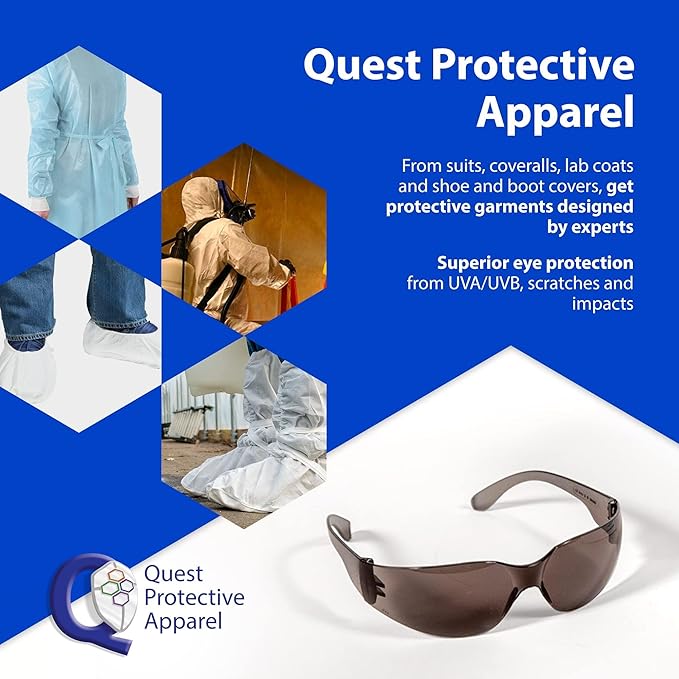 Quest Protective Apparel Safety Glasses for Men and Women - Anti Fog Safety Goggles for Shooting, Lab, or Construction – Polycarbonate Eye Protection [Smoke & Pack of 3]