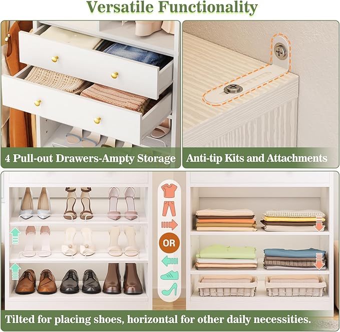 Closet System, Up to 134"/11.2 FT Closet Organizer with 4 Wooden Drawers and Shelves, Walk-in Closet System with 6 Hanging Rods, Built-in Closet Can Fit 96"/8FT, 120"/10FT, White
