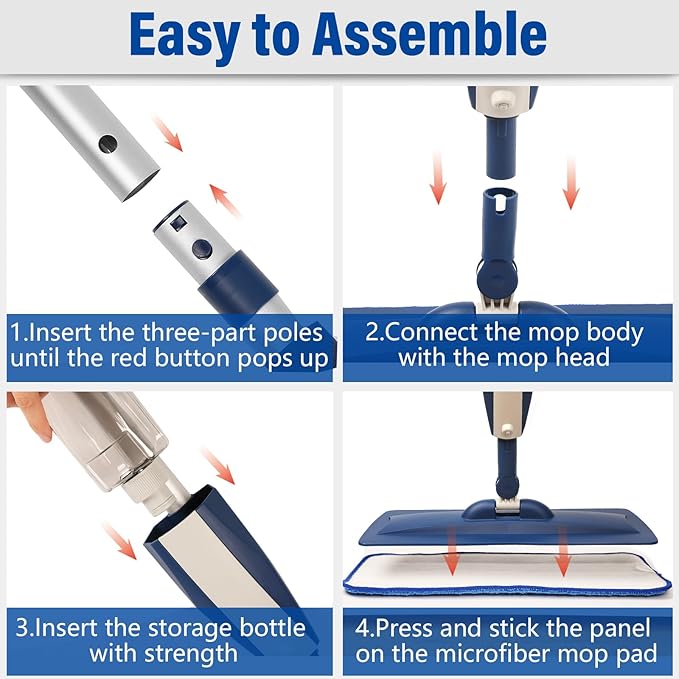 Spray Mops for Floor Cleaning Floor Mop with a Refillable Spray Bottle and 3 Washable Microfiber Pads Home or Commercial Use Dry Wet Flat Mop for Hardwood Laminate Wood (Dark Blue)
