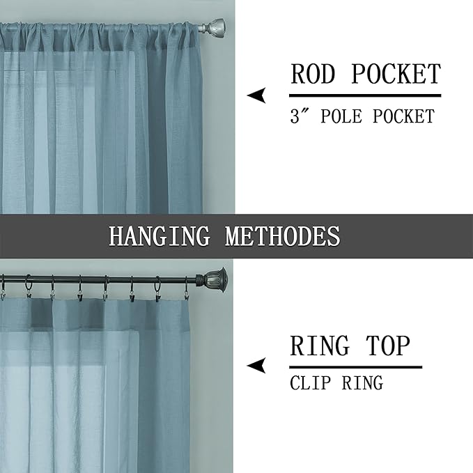Tollpiz Sheer Curtain Linen Textured Living Room Curtains Sheer Light Filtering Rod Pocket Voile Curtain for Bedroom, 54 x 72 inches Long, Dusty Blue, Set of 2 Panels