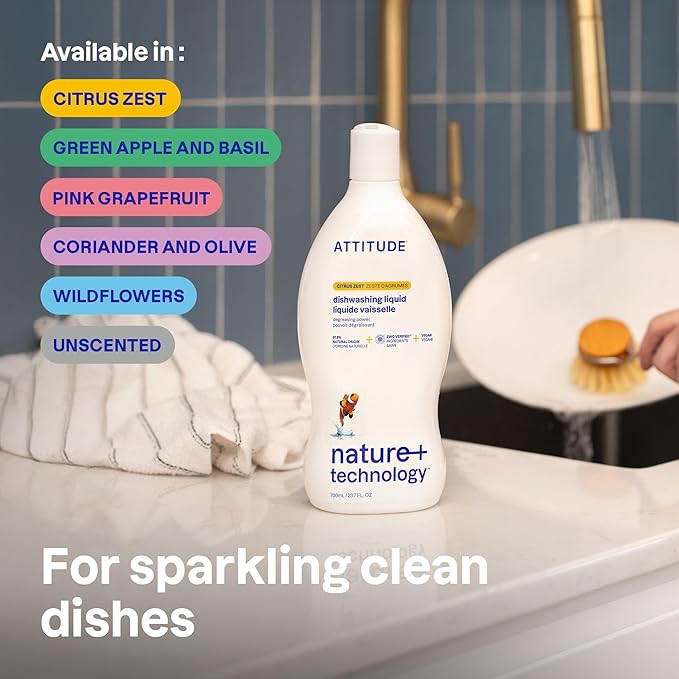 ATTITUDE Dish Soap, EWG Verified, Plant-Based & Vegan Dishwashing Liquid, Naturally Derived, Olive and Coriander Scent, 23.7 Fl Oz