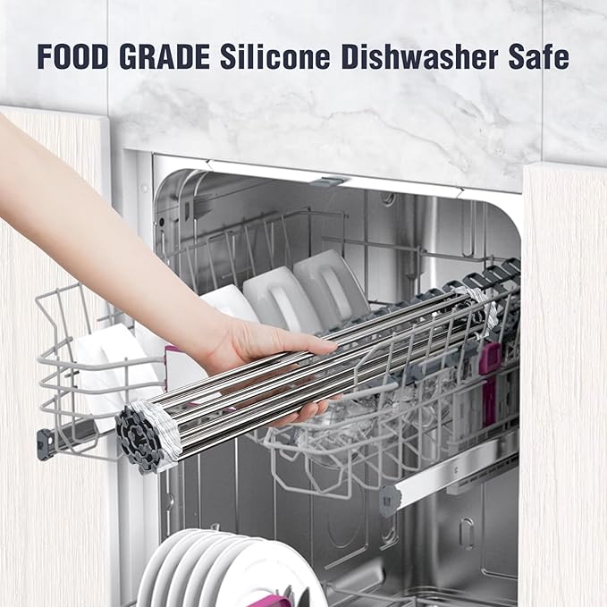 Tomorotec Stainless Steel Roll-Up Dish Drying Rack Marble Color Silicone Edges, Foldable Kitchen Rack Heat Resistant Trivet Supports up to 70 lbs, Food Safe for Dishes, Cookware & More