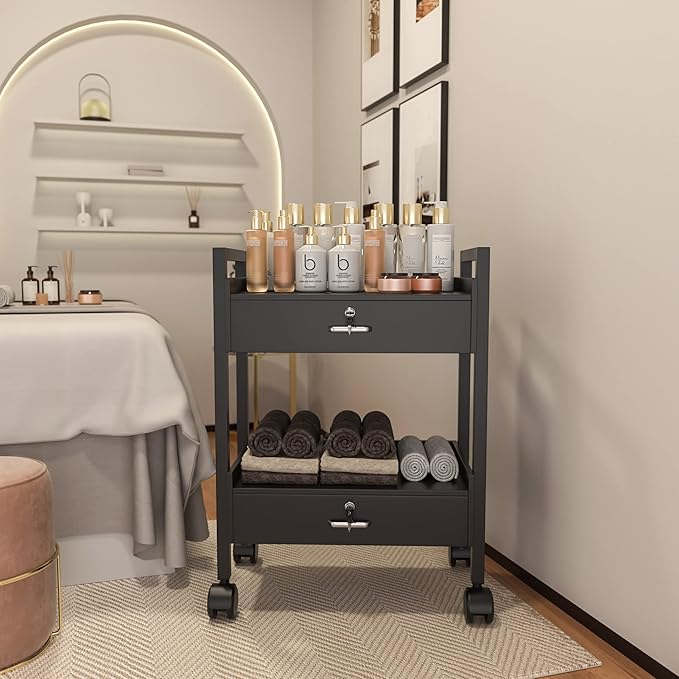 Paddie Salon Trolley Cart, Salon Tray Wooden Mobile Utility Cabinet with 2 Lockable Drawers, Rolling Storage Station Medical Esthetic Supply Holder for Beauty Spa (2 Drawers, Black)