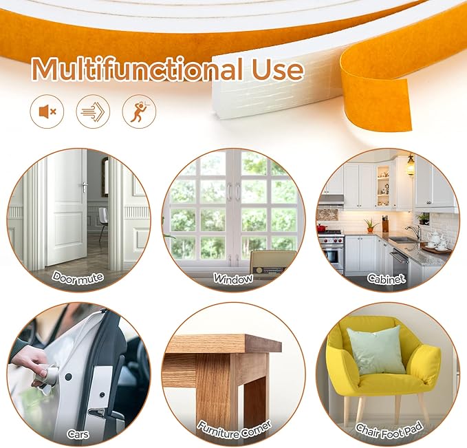 10 Feet Weather Stripping Door Seal, 3/4" Wide X 5/16" Thick Door Seal Strip High Density Foam Tape Adhesive Strip for Door Soundproofing,Window Insulation (3/4" x 5/16" x 10FT,White)
