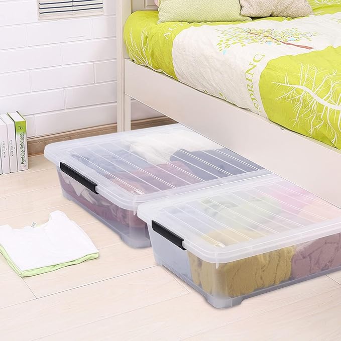 40 Quart Clear Plastic Underbed Storage Container, Wheeled Latching Storage Box for Shoes, Bags, Clothes, Set of 3