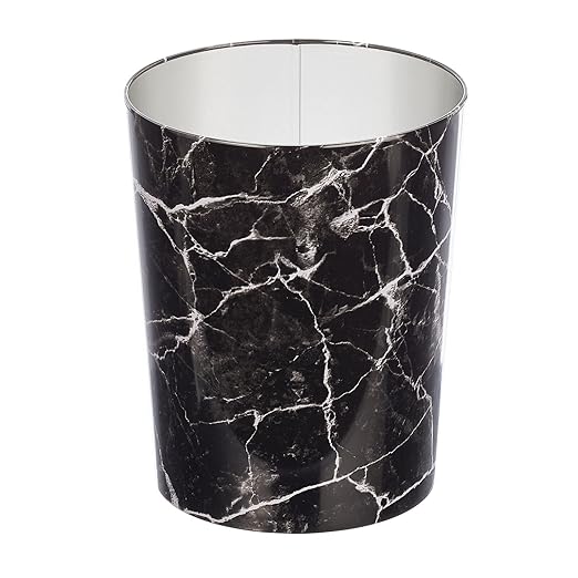 mDesign Round Metal Small 1.7 Gallon Recycle Trash Can Wastebasket, Garbage Container Bin for Bathrooms, Kitchen, Bedroom, Home Office - Durable Stainless Steel - Mirri Collection - Black Marble