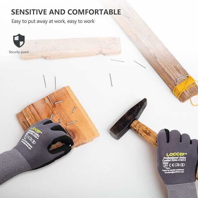 LOCCEF Work Gloves MicroFoam Nitrile Coated-6 Pairs,Seamless Knit Nylon Gloves,Gray Work gloves