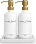 Luxury Glass Soap and Lotion Dispenser Set with Tray by Brighter Barns - Hand Soap Dispenser Bathroom Set & Stainless Steel Pump for Home or Airbnb - White and Gold Bathroom Accessories & Decor (Gold)