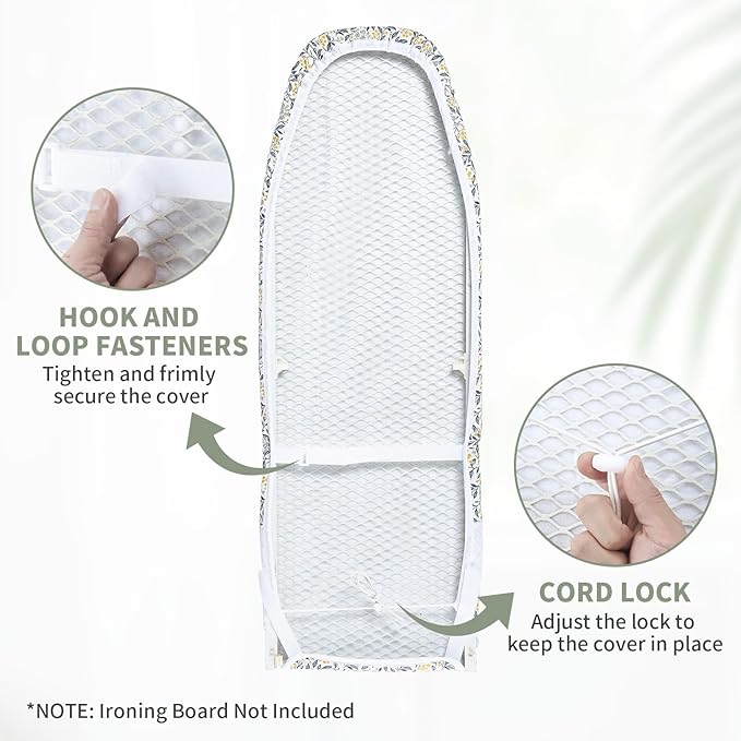 Seiritex Over The Door Ironing Board Cover 14 x 42 inch, Thick Padding and Heat Reflective with Hook and Loop Fasteners, 3 Layers Iron Board Cover (Flora)