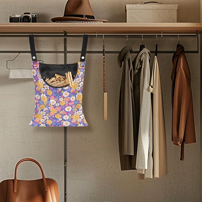 Clothespin Bag with Hanging Rope for Home Outdoor，Laundry Hanging Bag Fits Clothes Lines for Hanging Clothes Outside Balcony Bathroom Corridor Yard - Daisy Floral