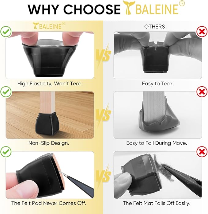 BALEINE 16 Pack Silicone Chair Leg Floor Protectors, Stool Leg Protectors Cap, Non-Slip Chair Leg Caps for Hardwood Floors (Black & Small (Square), 16 Pack)