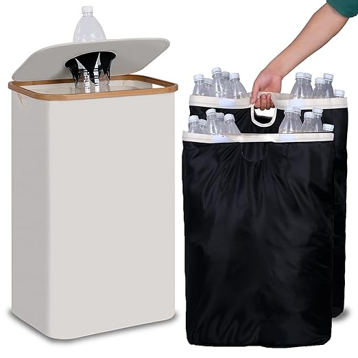 efluky Recycling Bin 100L, 26 Gallon Recycle Bins for Kitchen Indoor Outdoor Home with 2 Removeable and Reusable Inner Bag, Tall Recycle bin for Bottle Can Plastice Stickers (Beige)