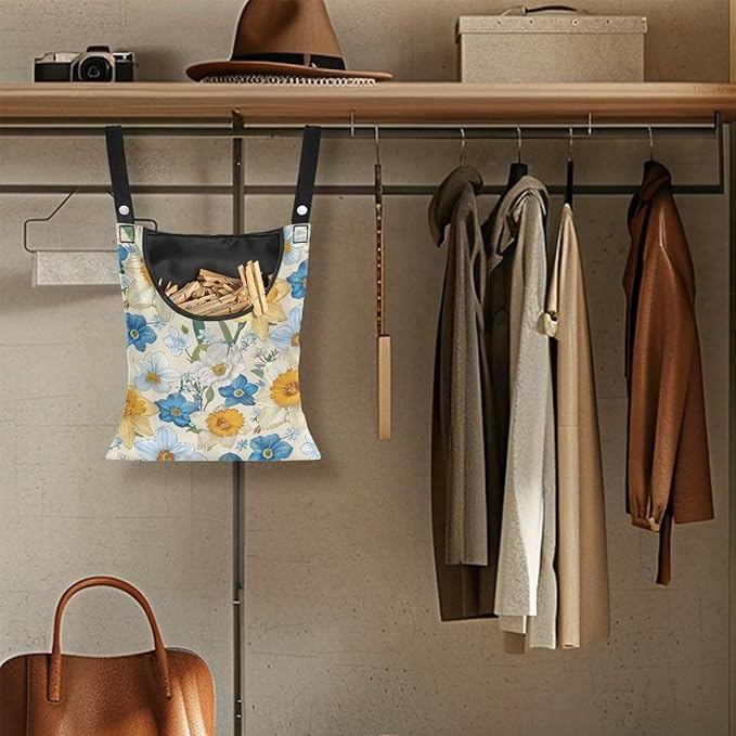 Floral Clothespin Bag with Hanging Rope Daffodil 14.5 x 12 Inch Summer Waterproof Laundry Clothes Pin Holder Clothespin Storage Organizer with Large Opening