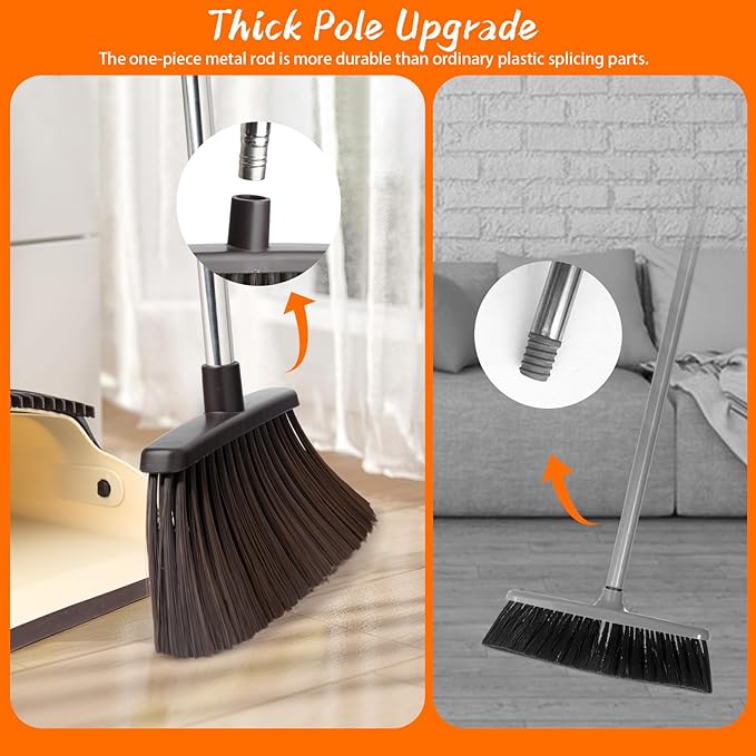 Broom and Dustpan Set, Dustpan Combo with 51" Stainless Steel Long Handle Brooms with 5-Layer Soft Bristles for Home Office Kitchen Bathroom(Beige)