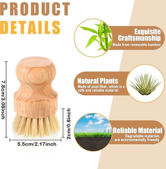 Nuenen 12 Packs Bamboo Dish Scrub Brushes Wooden Scrubbers Set Kitchen Dishwashing Scrubber with Natural Sisal Bristles for Iron Pot Pan Sink