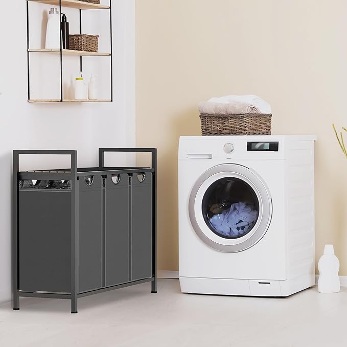 Laundry Hamper, Laundry Sorter with 3 Pull-Out Removable Oxford Fabric Bags Cloth Laundry Basket 3 x 10 Gallons (Grey and Charcoal Black)