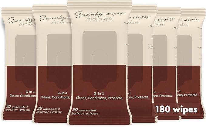 Swanky Leather Wipes - Leather Cleaner and Conditioner for Purses, Shoes, Furniture Polish & Car Seats, Prevents Fading & Cracking, Restores Softness & Shine - Soft Wipes, 180 Count