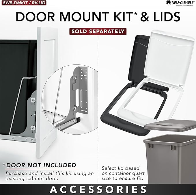 Rev-A-Shelf Pullout Trash Can for Kitchen Cabinets 35 Qt Garbage Waste Recycling Bin w/ Full Extension Slide, Metallic Silver, RV-12KD-17C S