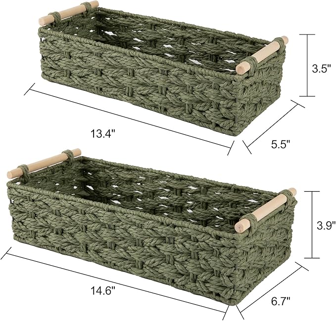 OIAHOMY Toilet Paper Baskets Handmade Paper Rope Decorative Wicker Storage Tank Shelf Cabinet Organizer for Bathroom Home, Set of 2, Green