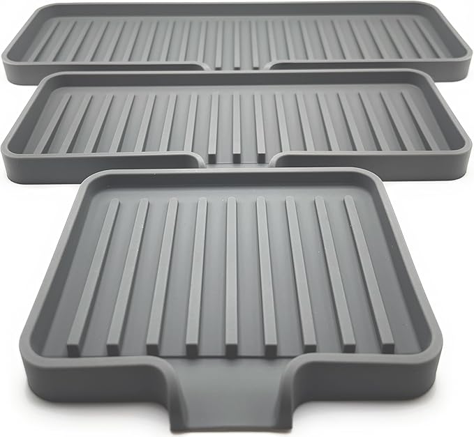 Happitasa Silicone Soap Dish Tray and Sponge Holder with Drain Chute | Bathroom and Kitchen Sink Organizer Caddy (Grey, 9"x3.5", 5.6 Ounces)
