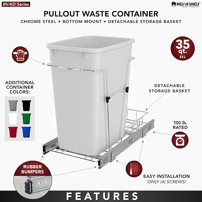 Rev-A-Shelf Pullout Trash Can for Kitchen Cabinets 35 Qt Garbage Waste Recycling Bin w/ Full Extension Slide, Metallic Silver, RV-12KD-17C S