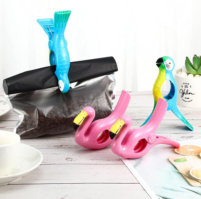 4 Pieces Beach Towel Clip Jumbo Size Chair Clips Towel Holder Clothes Pegs Christmas Stocking Clamp for Cruise Patio Pool Holiday Vacations(Parrot, Flamingo,Blue, Pink)