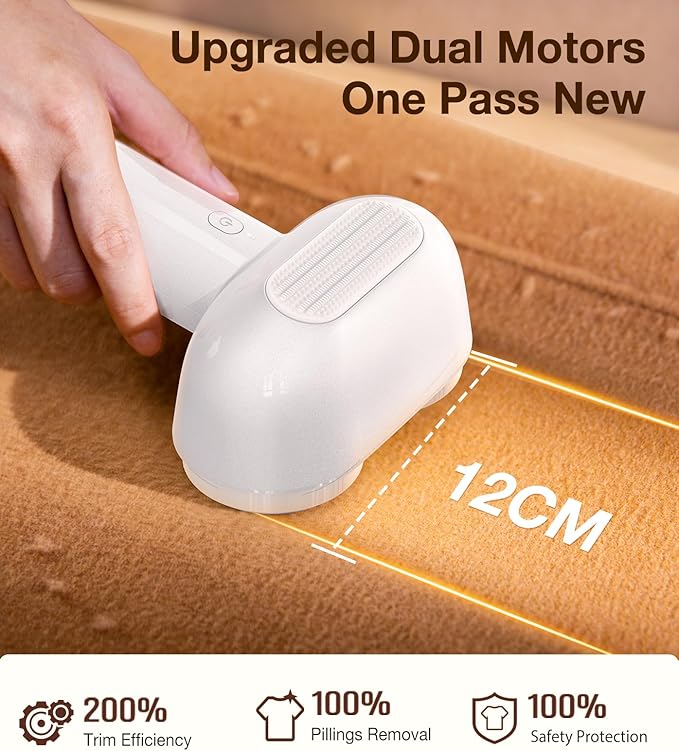 TORRAS Dual-Head Fabric Shaver, Longest Durability & 50ml Large Capacity Rechargeable Lint Removers to Remove Pills, 6-Leaf Blades Defuzzer, Electric Shaver for Clothes Couch Furniture, Pearl White