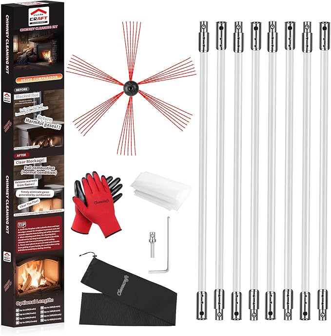 26 Feet Chimney Sweep Kit, Chimney Cleaning Kit with 8 Flexible White Chimney Rods, Chimney Brush, Rotary Chimney Cleaning System Driven by Drill for Sweeping Fireplace