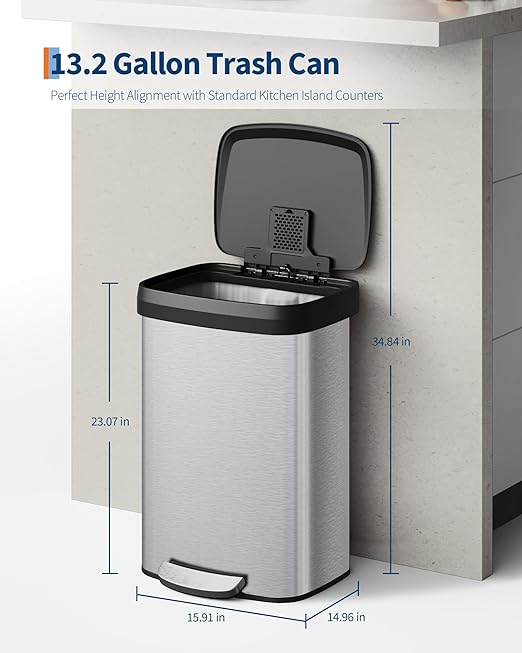 Garvee 13 Gallon / 50 L Stainless Steel Trash Can with Lid, Large Garbage Can for Kitchen, Rustproof Step-on Kitchen Metal Trash Bin with Liner Rim, Rear Handle, Soft Close Plastic Lid, Silver