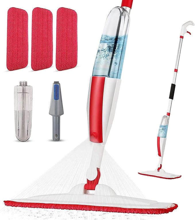 Spray Mops for Floor Cleaning Floor Mop with a Refillable Spray Bottle and 3 Washable Microfiber Pads Home or Commercial Use Dry Wet Flat Mop for Hardwood Laminate Wood (Purple)