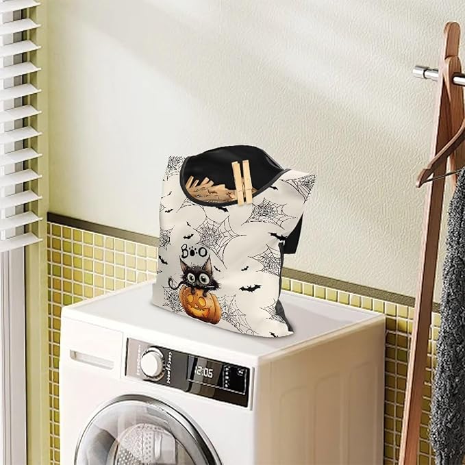 Cute Cat Space-Saving Laundry Clothespin Bag Pumpkin Waterproof Polyester Material, 2 Rope for Hanging and Effortlessly Sliding on The Clothesline Clothespin Holder for Outdoor