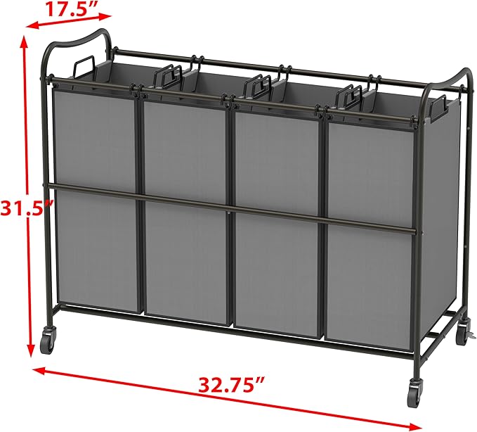 Simple Houseware 4-Bag Heavy Duty Laundry Sorter Rolling Cart, Dark Grey