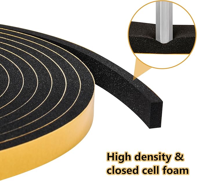 Weather Stripping Door Seal Strip (1/2 Inch X 1/4 Inch X 16Feet), Strong Adhesive, Lightproof, Soundproof, Weatherproof Foam Tape Insulation for Sliding Door, Front Door Frame, Windows- Black