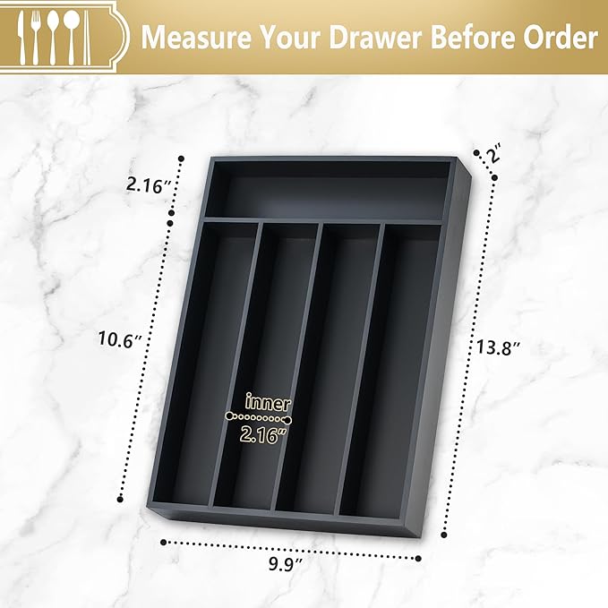 Silverware Organizer, 2 Pack 10 Inch Utensil Organizer Kitchen Drawer Organizer Bamboo Silverware Holder Cutlery Tray Organizer in Drawer Flatware Organizer Tray(5 slots, Black）