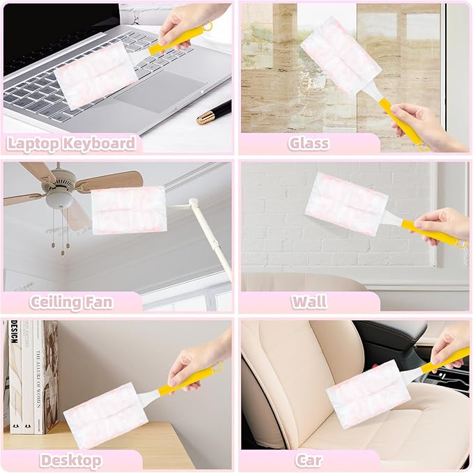 52 Count Disposable Duster Refills for Cleaning, 180° Dusters Refills Compatible with Swiffer (Pink, 50 Count Dust Removal Brushes + 1 Standard Handle + 1 Extended Handle)
