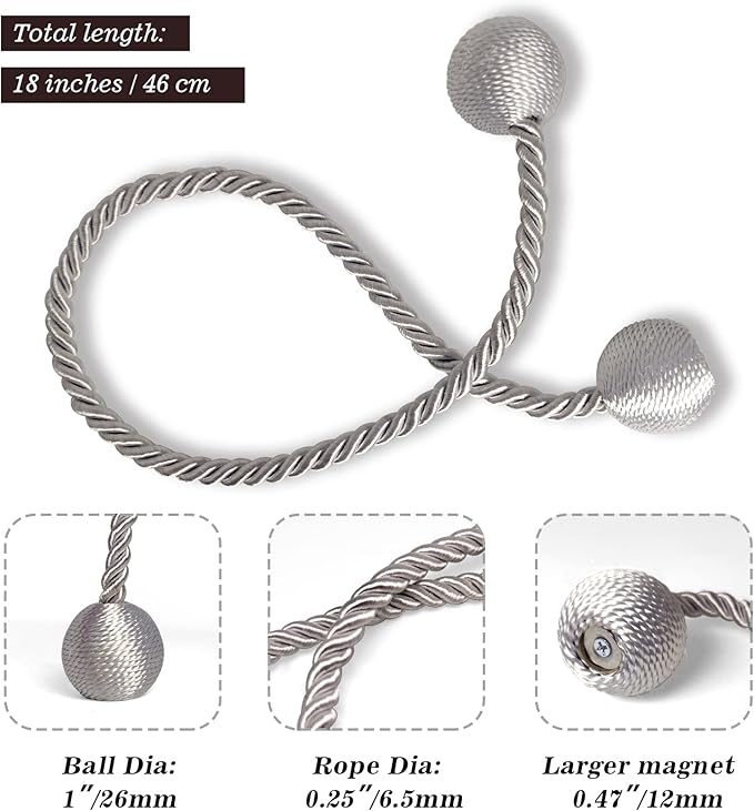 Hion Magnetic Curtain Tiebacks Grey 4 Pack, Curtain Tiebacks Buckles Holdbacks Holders Hooks Clip for Home Bedroom Office Decorative Thick or Thin Curtain