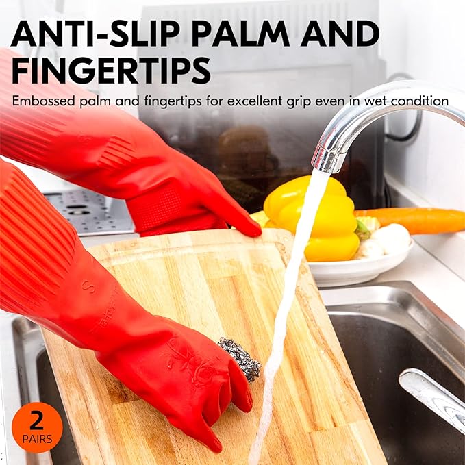 Vgo 2-Pairs Dishwashing Gloves, Reusable Household Gloves, Long Sleeve, Thick Latex, Cleaning, Washing, Painting, Gardening, Pet Care (Size L, Red, RB2143)