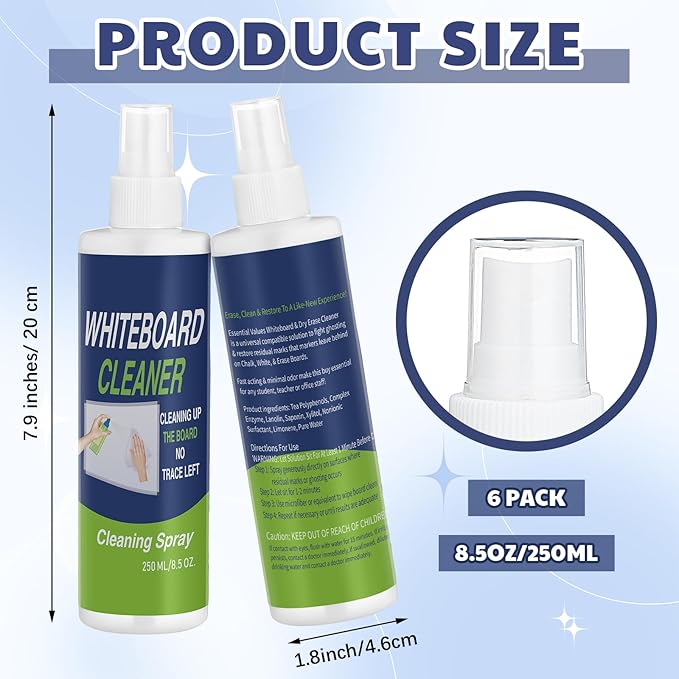 6 Pack Whiteboard Cleaner Spray Bottle 8.5oz Dry Erase Board Surface Cleaner White Board Cleaning Spray Removes Stubborn Marks from Chalkboard