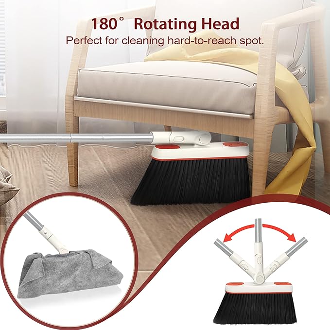 JEHONN Broom and Dustpan Set for Home, Long Handle Lightweight 180 Degree Rotating Broom Set Indoor, Upright Standing Dust Pan with Comb Teeth, Store Sweep Set for Room Kitchen Office (Grey & Red)