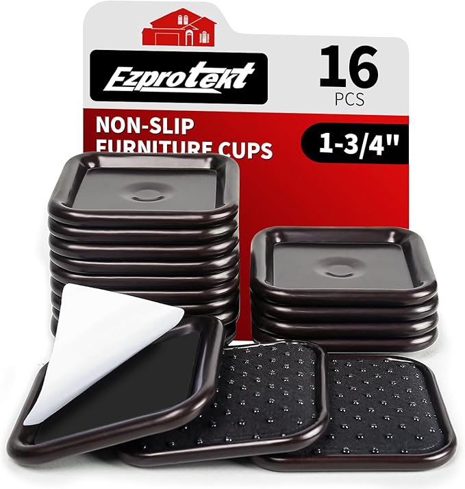 Ezprotekt 1 3/4" Square Non Slip Furniture Pads with Drip Glue Non-Woven Fabric Bottom, 16 Pcs Anti Skid Furniture Coasters Cups Floor Protectors for Bed, Sofa, Table, Chair, Cabinet, Brown/Black