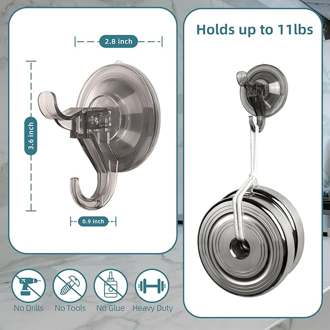 Antimbee 10 Pack Reusable Suction Hooks, Removable Small Suction Cups for Shower, Bathroom, Glass, Door, Windows, Kitchen - Up to 11 lbs on Smooth Surface (Transparent Gray)