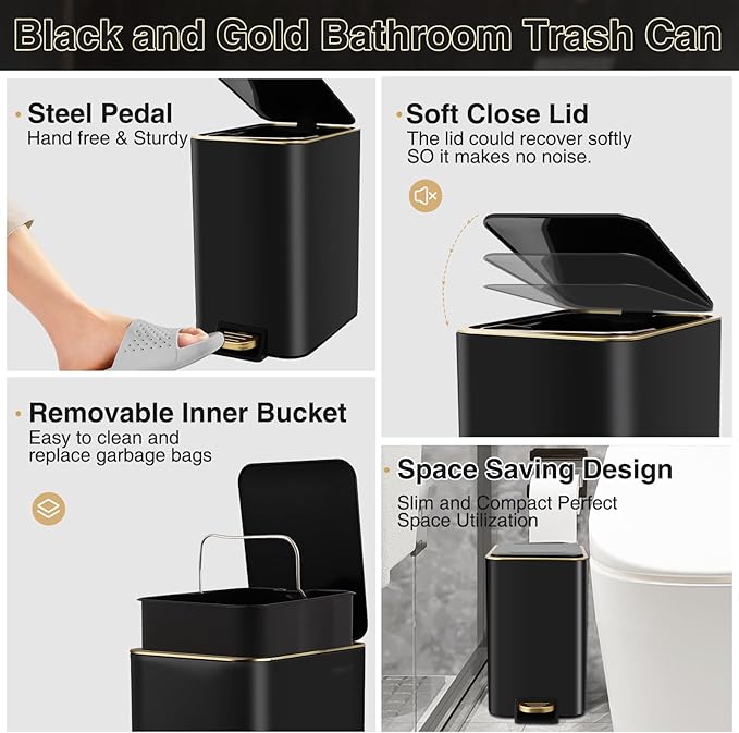 Small Bathroom Trash Can with Lid Soft Close, 1.8 Gallon Stainless Steel Garbage Can with Removable Inner Bucket,Wicker Storage Baskets,75Count Trash Bags, Slim Step Pedal Trash Bins