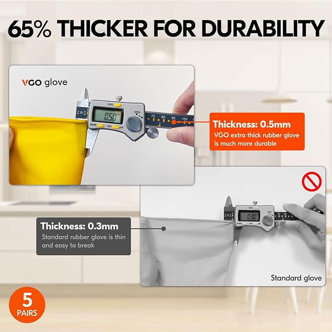 Vgo... 5-Pairs Reusable Household Gloves, Rubber Dishwashing gloves, Extra Thickness, Long Sleeves, Kitchen Cleaning, Working, Painting, Gardening, Pet Care (Size XL, Yellow, HH4601)