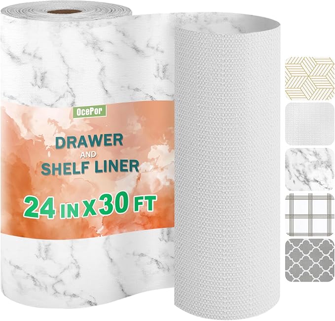 OcePor Non-Adhesive Drawer and Shelf Liner 24IN x 30FT，Non Slip Cabinet and Cupboard Liner, Kitchen Cabinet Liners for Shelves, Waterproof Drawer Shelf Liners for Cabinets/Bathroom Cupboard, Marble