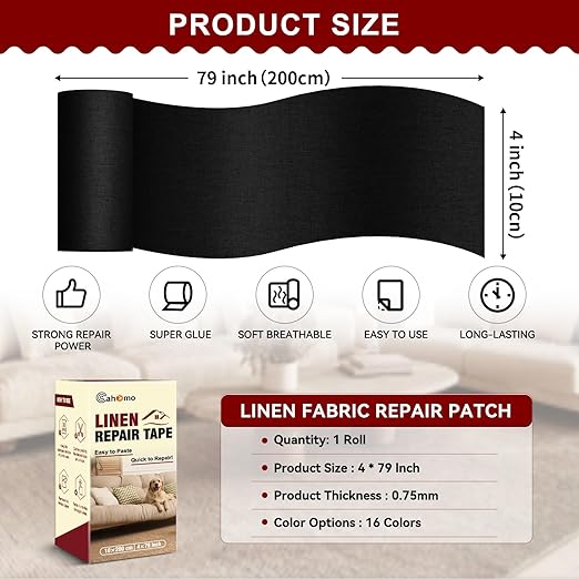 Linen Repair Tape 4x79 inch, Self Adhesive Fabric Patches, Linen Patch Tape Kit, Fabric Repair Tape for Couch Sofas, Headboards, Chairs, Pillows, Curtains, Couches - Black