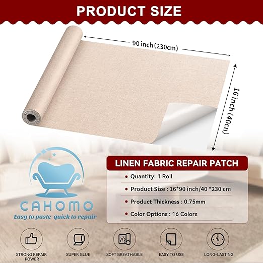 Linen Repair Tape 16x90 inch, Self Adhesive Fabric Patches, Linen Patch Tape Kit, Fabric Repair Tape for Couch Sofas, Headboards, Chairs, Pillows, Curtains, Couches - Medium Grey