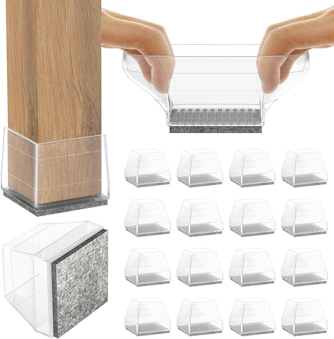 Square Chair Leg Protectors for Hardwood Floors,16 Pcs Silicone Felt Furniture Legs Caps to Prevent Floor from Scratches and Reduce Noise, Easy to Move,1.3-1.54",Clear.
