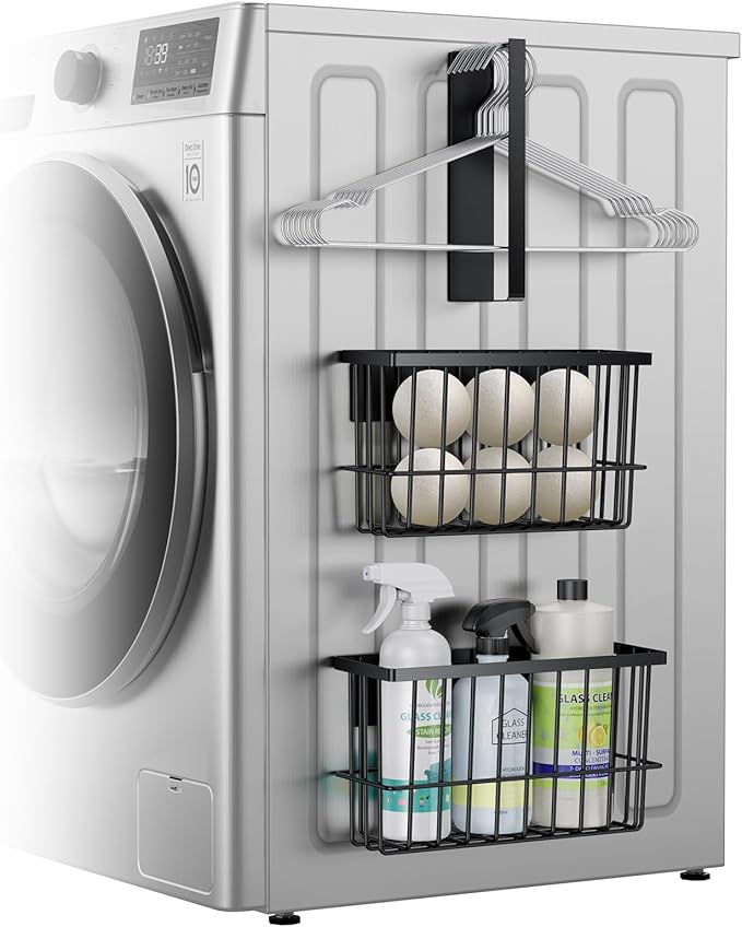 Magnetic Dryer Ball Holder and Magnetic Hanger Holder for Laundry Room Organization and Storage, Magnetic Lint Bin for Laundry Room, Iron Basket Dryer Ball Container for Laundry Room Storage (Black)